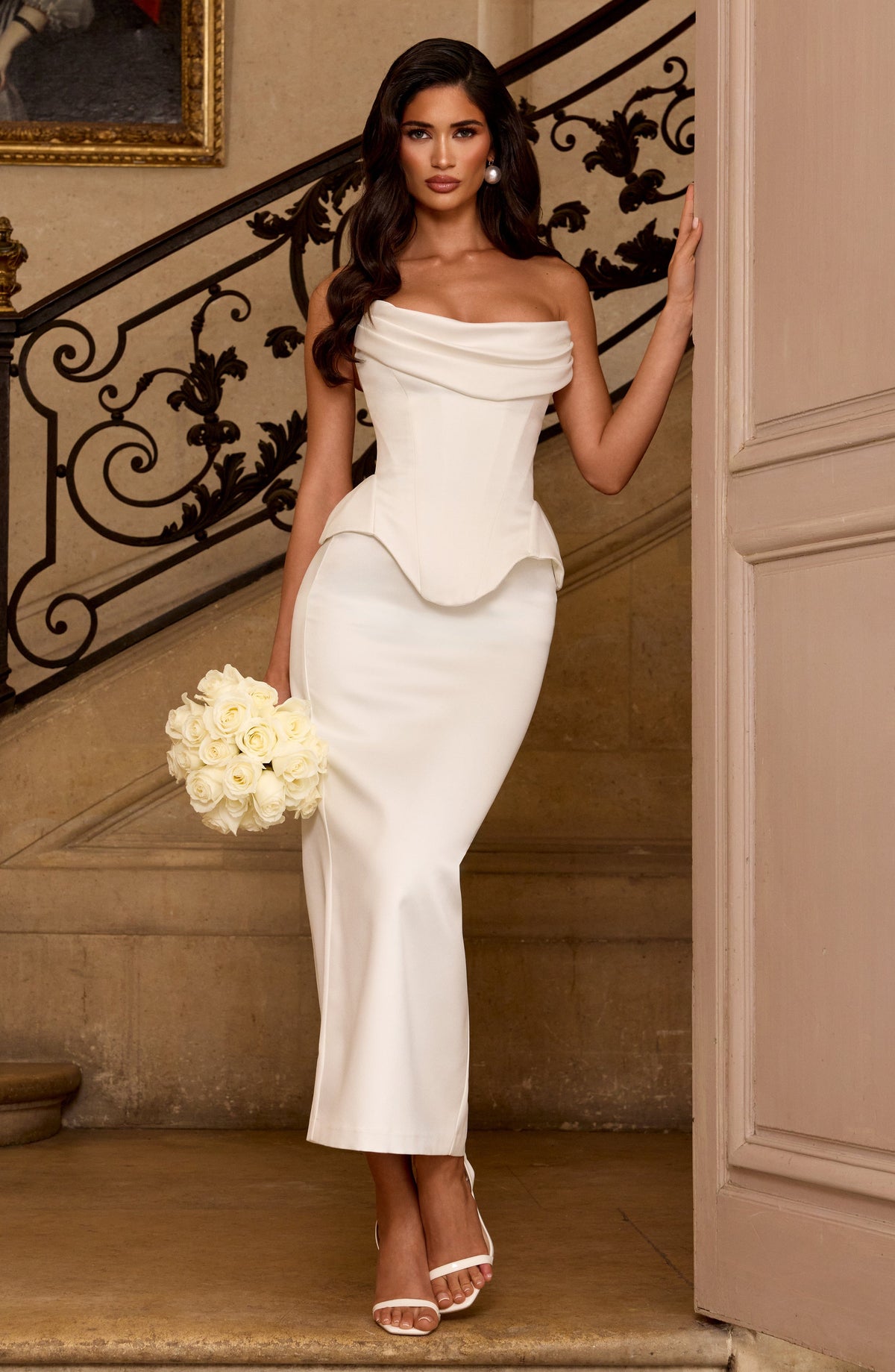 Carolena Satin Pencil Midi Skirt - Ivory