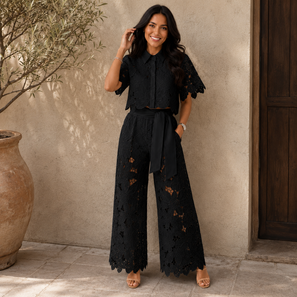 Casilda Scalloped Lace Wide Leg Set - Black