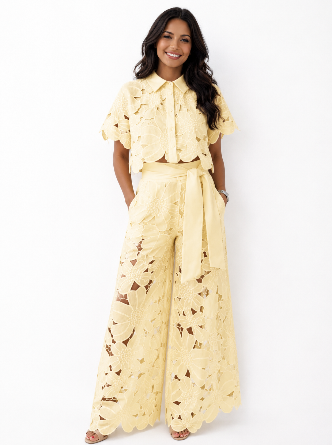 Casilda Scalloped Lace Wide Leg Set - Butter Yellow
