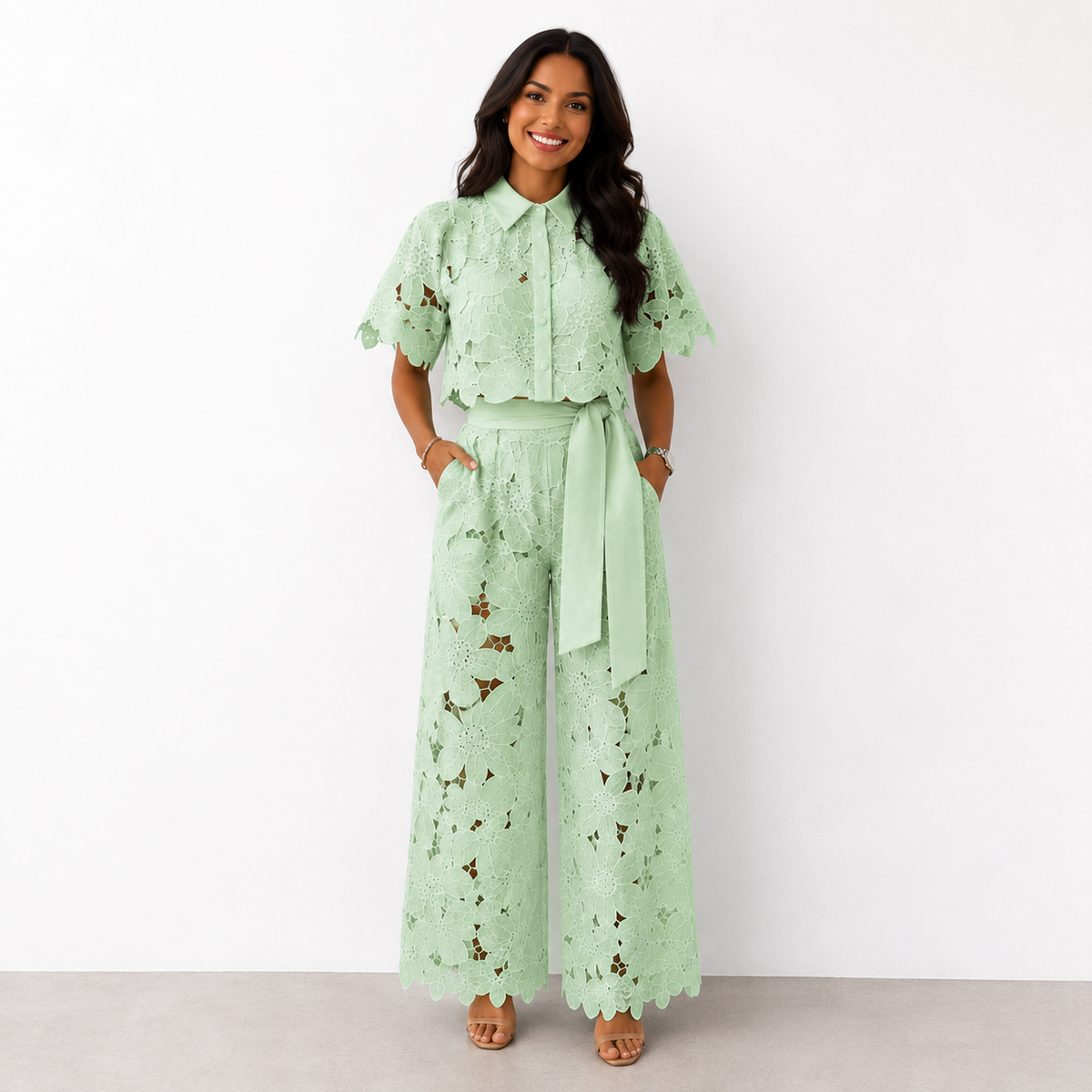 Casilda Scalloped Lace Wide Leg Set - Mint Green