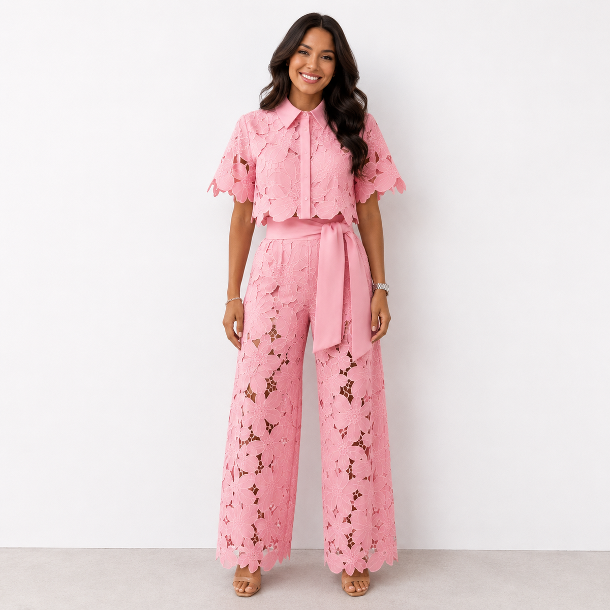 Casilda Scalloped Lace Wide Leg Set - Pink