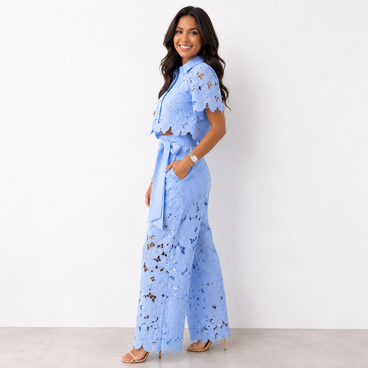 Casilda Scalloped Lace Wide Leg Set - Sky Blue