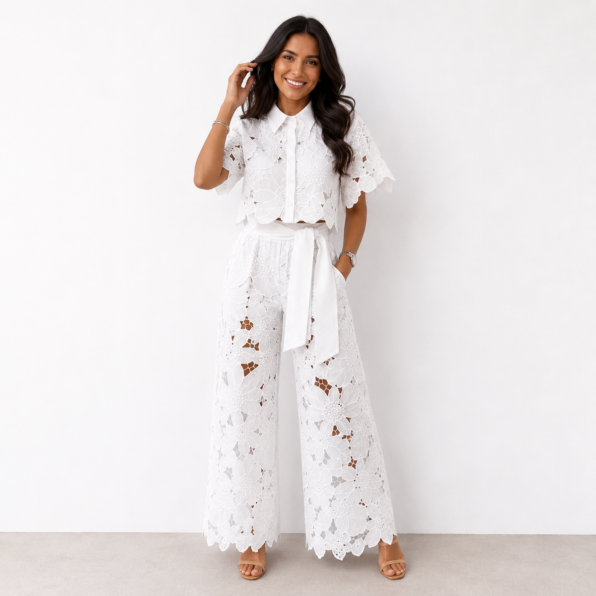 Casilda Scalloped Lace Wide Leg Set - White