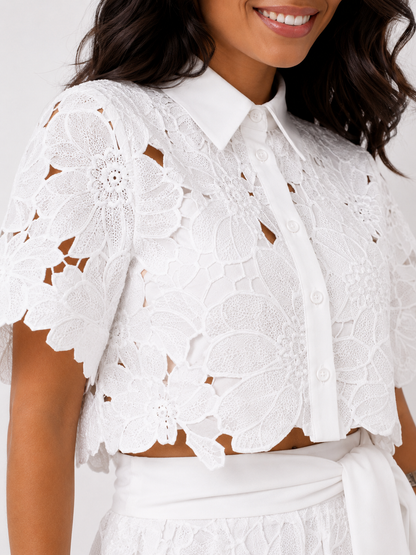 Casilda Scalloped Lace Wide Leg Set - White