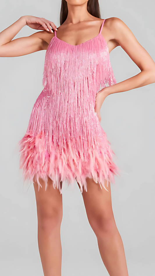 Pink sequin mini dress with fringe hem and spaghetti straps