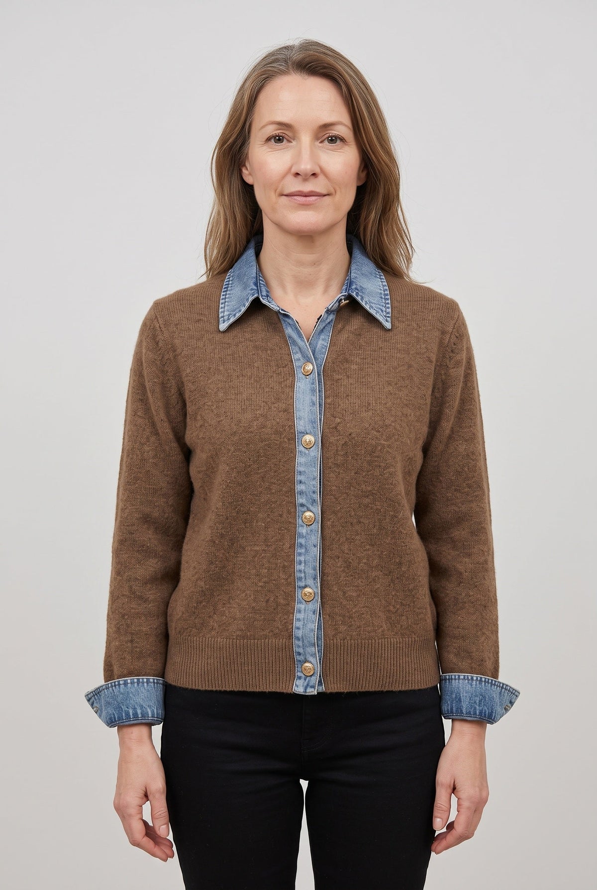 Cataleya Denim-Look Collar Cardigan - Brown