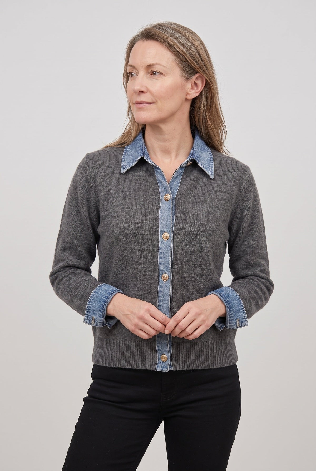 Cataleya Denim-Look Collar Cardigan - Gray