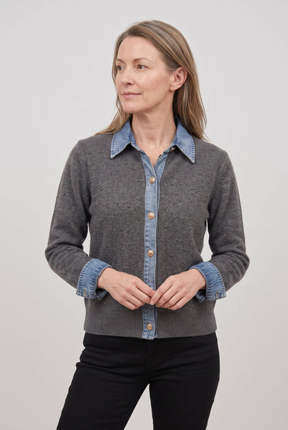 Cataleya Denim-Look Collar Cardigan - Gray
