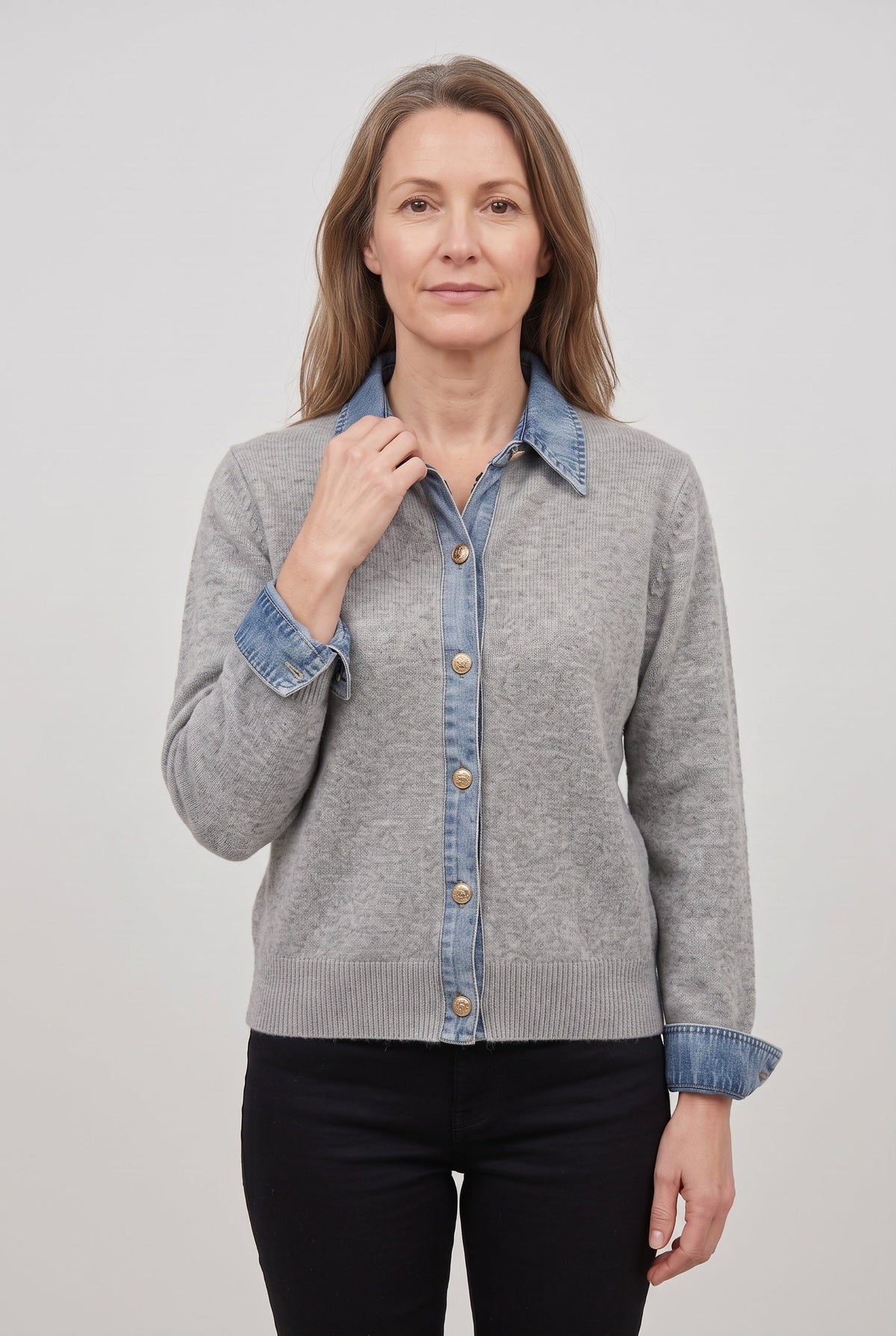 Cataleya Denim-Look Collar Cardigan - Light Gray