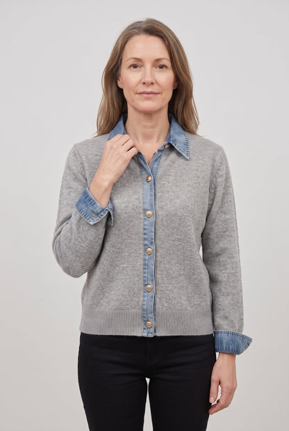 Cataleya Denim-Look Collar Cardigan - Light Gray