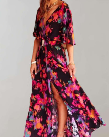 Black floral wrap maxi dress with vibrant pink and orange blooms