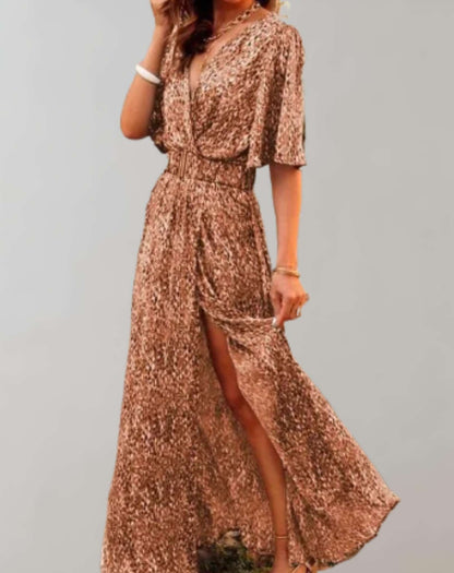 Taupe sequin wrap maxi dress with flutter sleeves