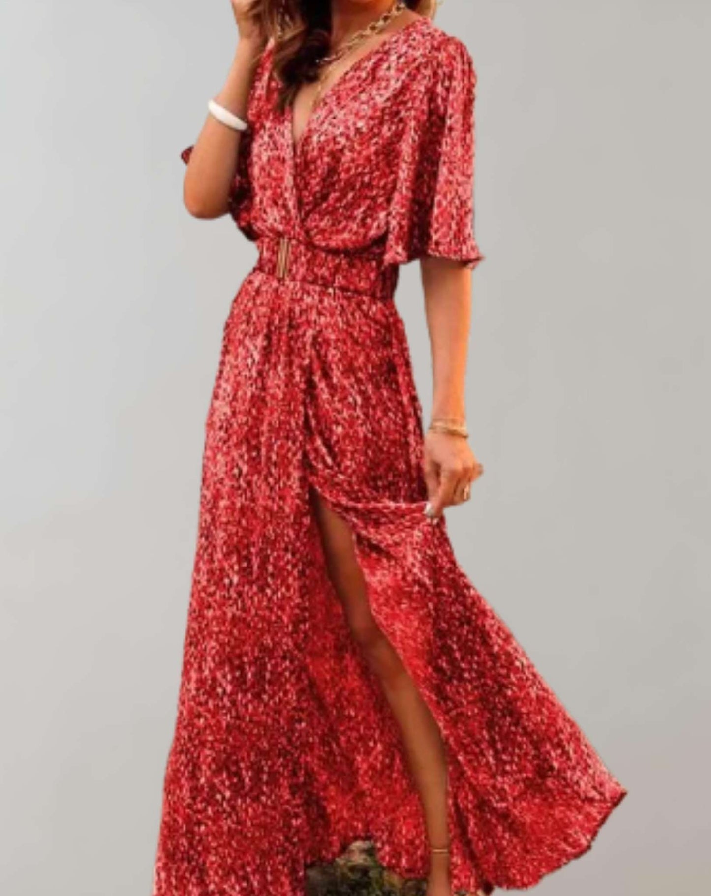 Coral red sequin wrap maxi dress with half sleeves