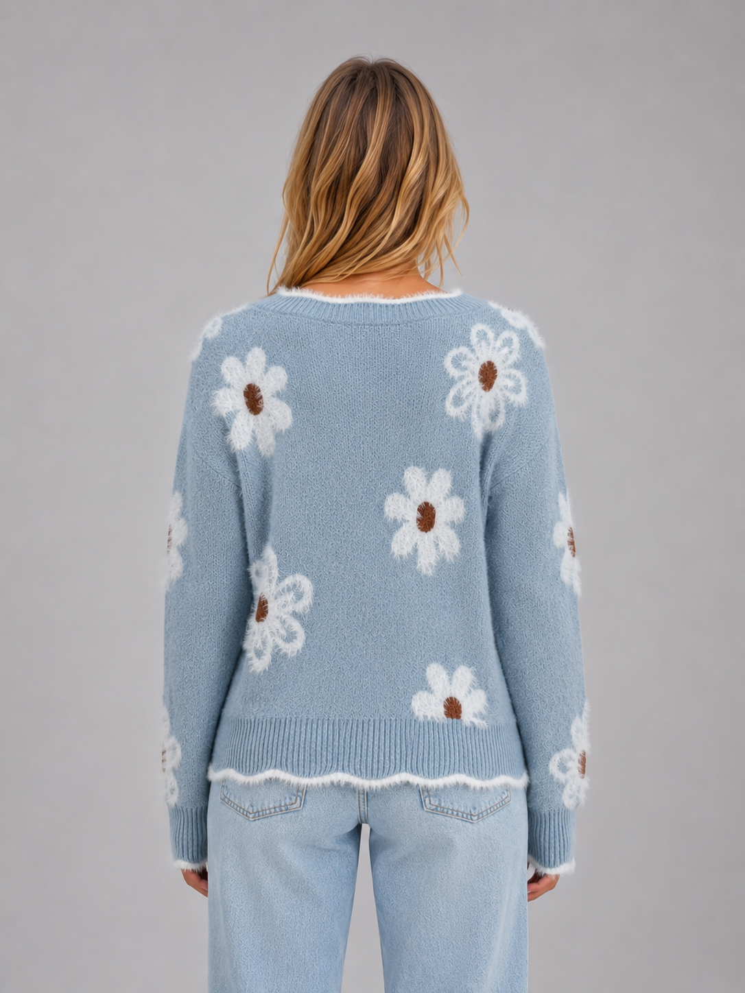 Catrin Floral V-Neck Sweater - Light Blue Floral