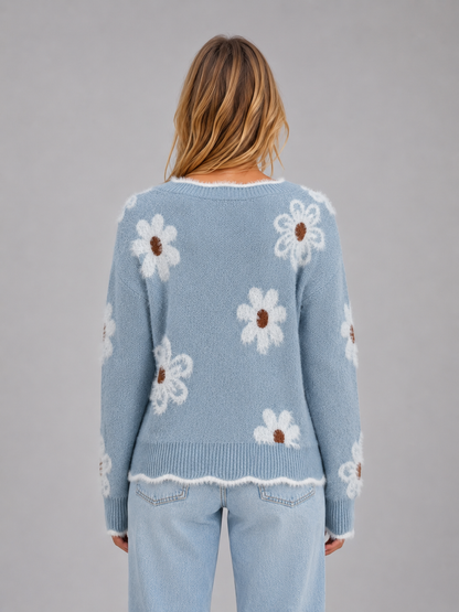 Catrin Floral V-Neck Sweater - Light Blue Floral