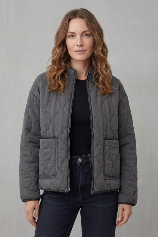 Cavelline High Neck Wave Quilted Zip Up Jacket