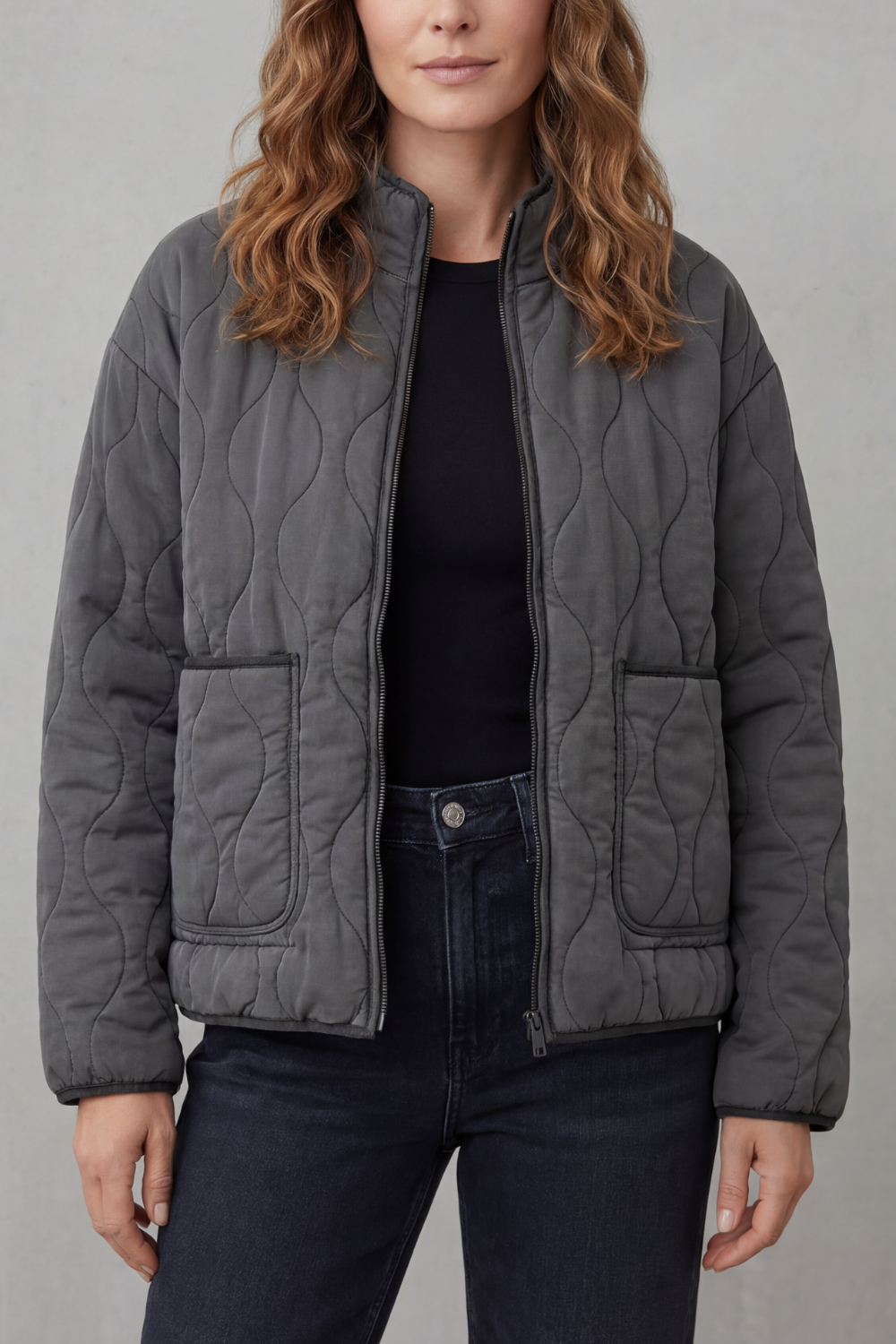 Cavelline High Neck Wave Quilted Zip Up Jacket