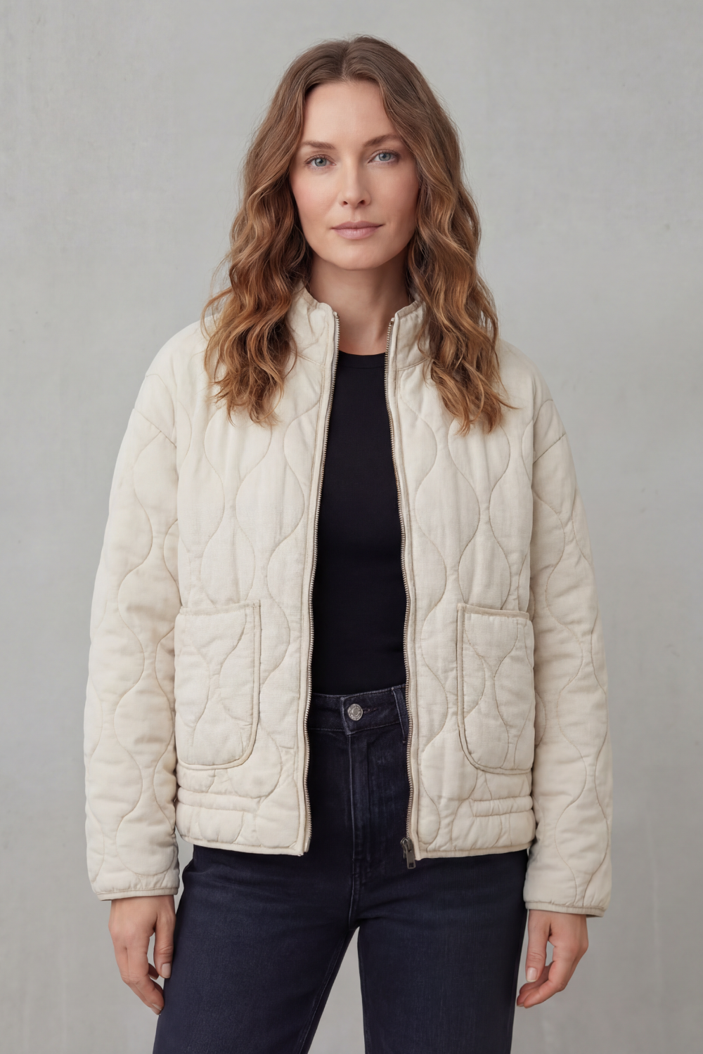 Cavelline High Neck Wave Quilted Zip Up Jacket