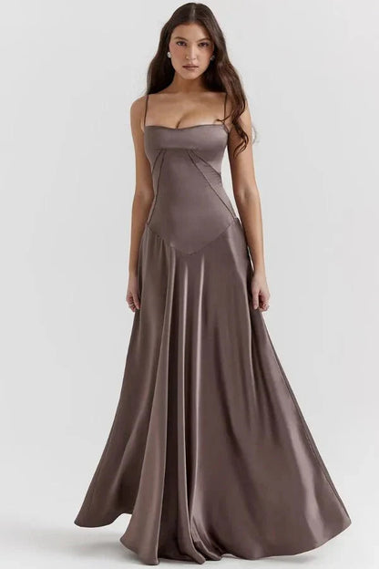 Taupe corset maxi dress with sweetheart neckline and flowing skirt