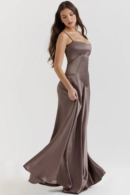 Taupe corset maxi dress with spaghetti straps and flowing train