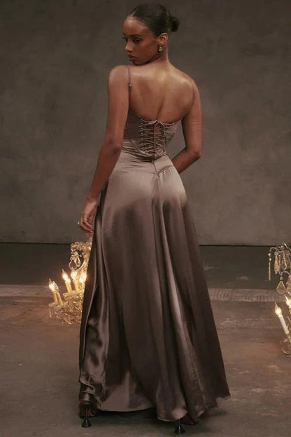 Taupe corset maxi dress back detail showing lace-up closure and open back