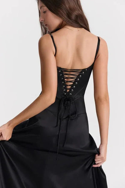 Black corset maxi dress with lace-up corset back detail close-up