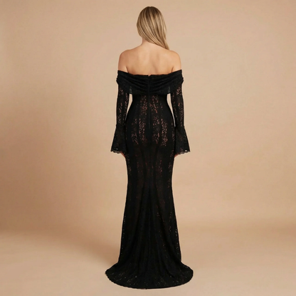 Black off-shoulder lace maxi dress with draped neckline, back view
