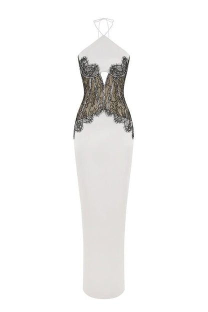 Full length front view of lace maxi dress with black lace bust and waist
