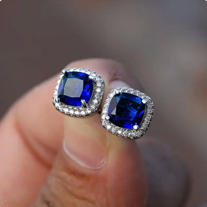 Celyn Blue Stone Halo Stud Earrings - Silver