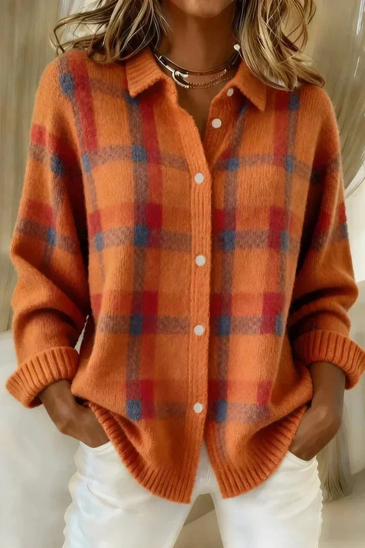 Chandra Plaid Button-Front Cardigan - Orange Plaid