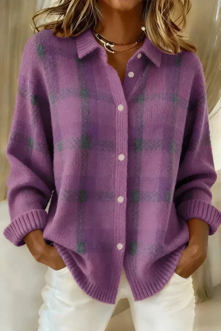 Chandra Plaid Button-Front Cardigan - Purple Plaid
