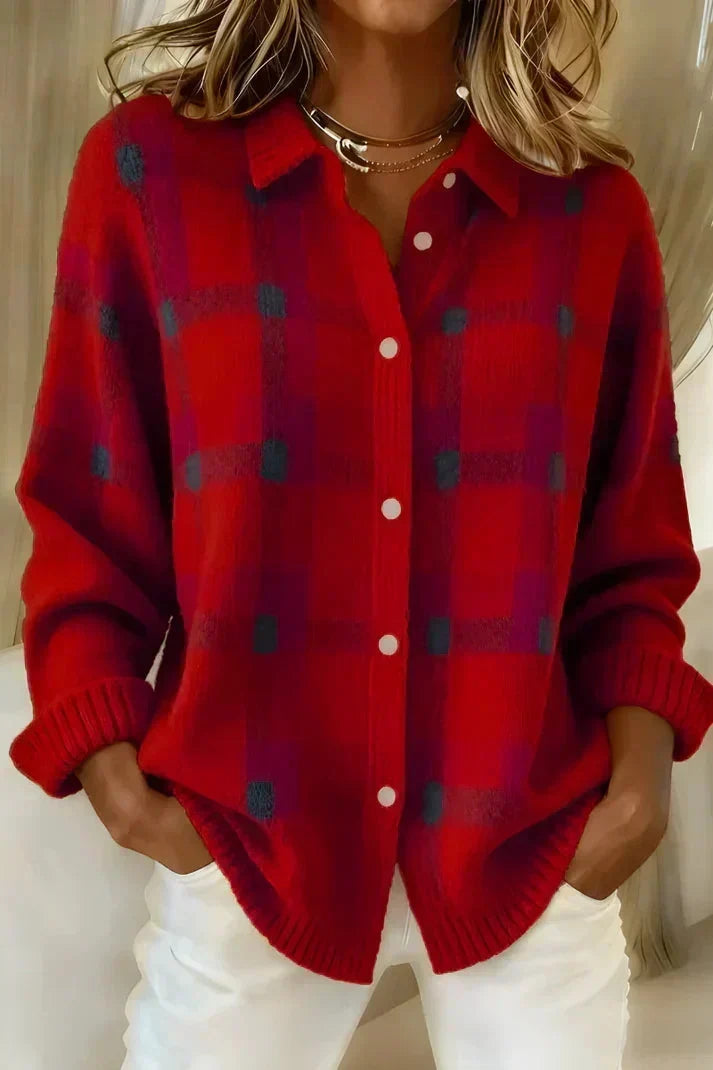 Chandra Plaid Button-Front Cardigan - Red Plaid