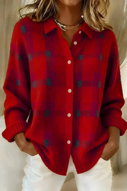 Chandra Plaid Button-Front Cardigan - Red Plaid