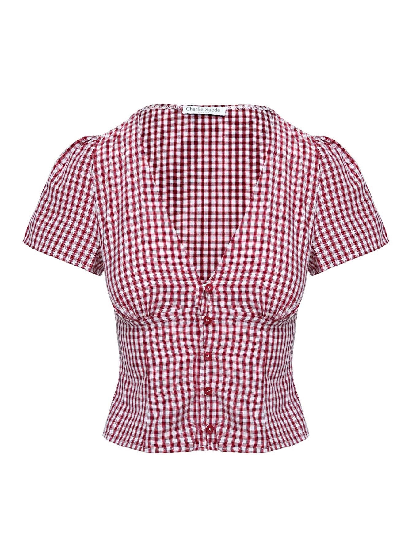 Burgundy gingham women's crop top flat lay showing V-neck, button closure and ruched waist