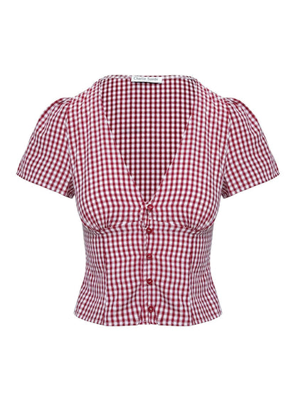Burgundy gingham women's crop top flat lay showing V-neck, button closure and ruched waist
