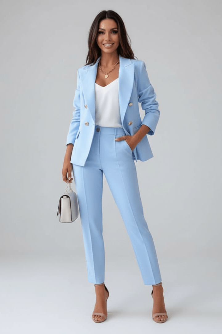 Claudette Double Breasted Blazer Pants Set - Light Blue