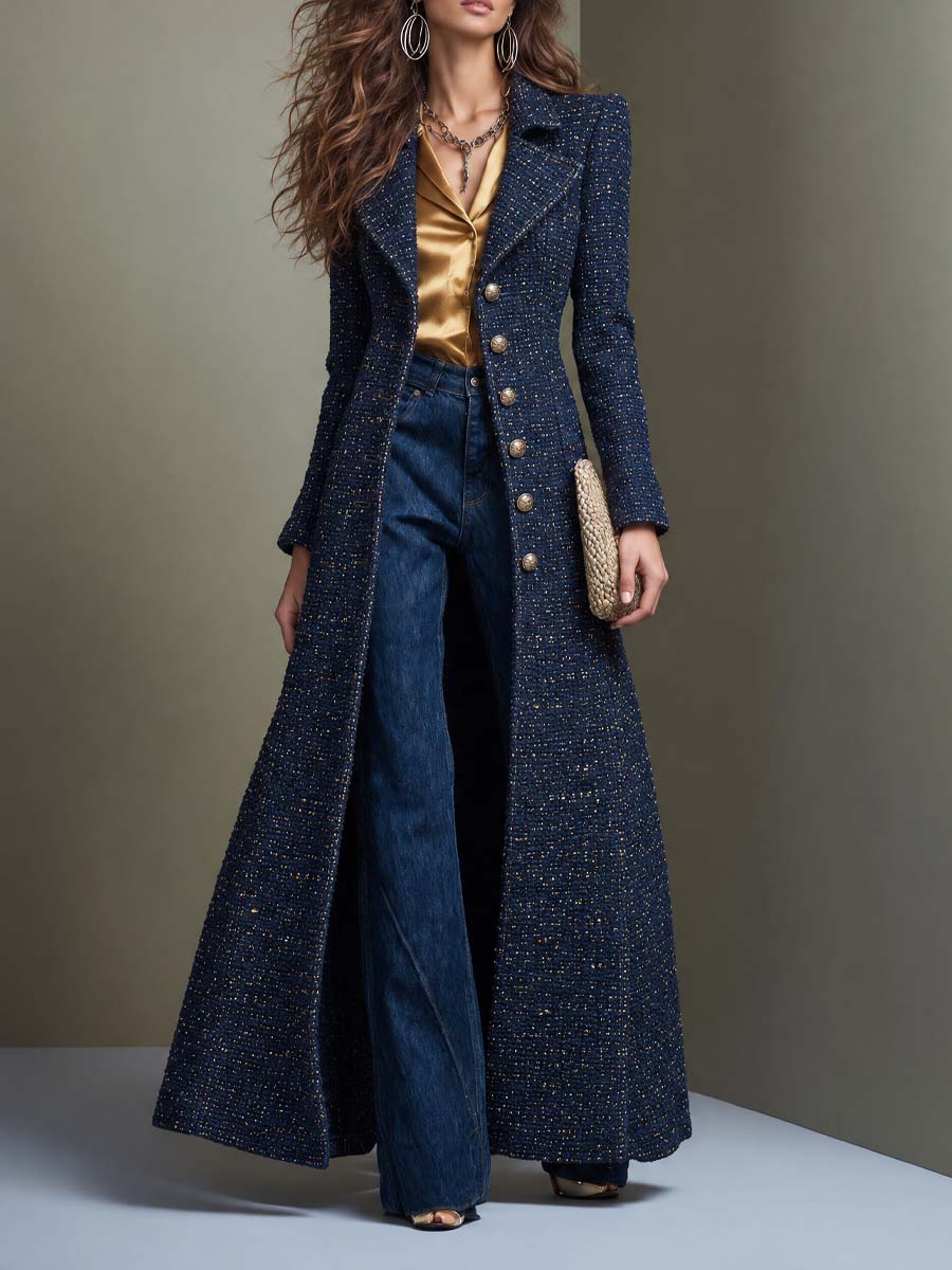 Clementine Tailored Tweed Maxi Coat - Navy
