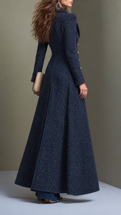 Clementine Tailored Tweed Maxi Coat - Navy