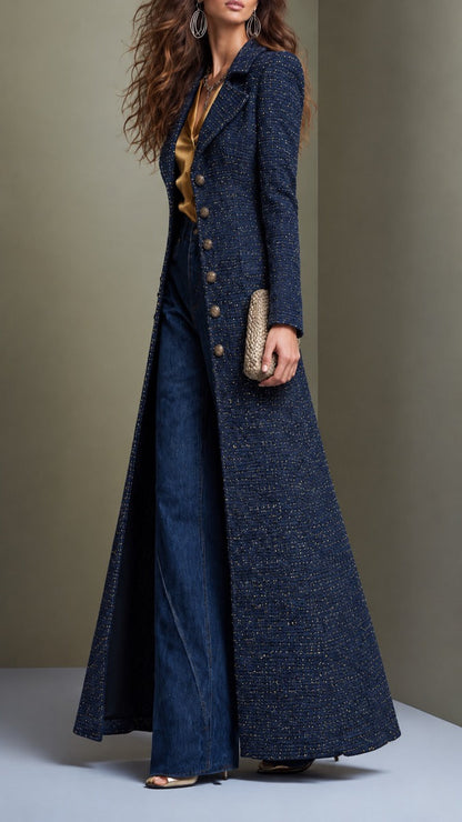 Clementine Tailored Tweed Maxi Coat - Navy