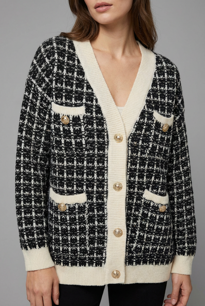Cristal Tweed-Style V-Neck Cardigan - Black