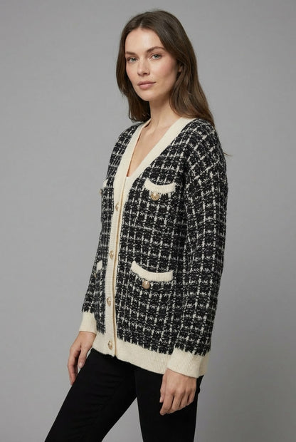 Cristal Tweed-Style V-Neck Cardigan - Black