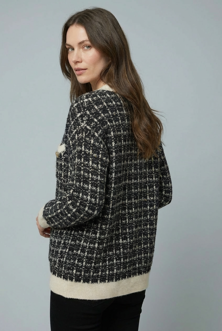 Cristal Tweed-Style V-Neck Cardigan - Black