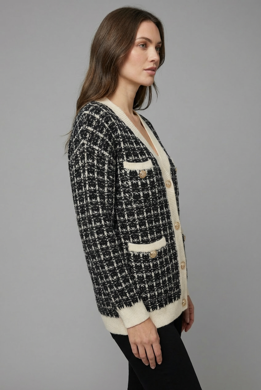 Cristal Tweed-Style V-Neck Cardigan - Black