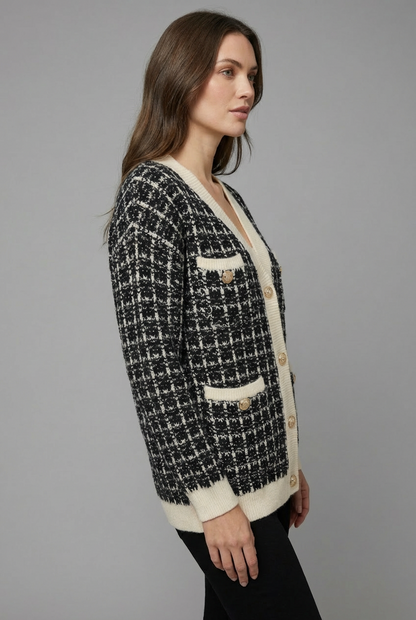 Cristal Tweed-Style V-Neck Cardigan - Black