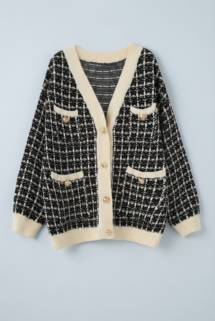 Cristal Tweed-Style V-Neck Cardigan - Black