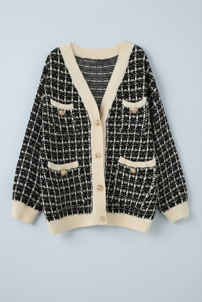 Cristal Tweed-Style V-Neck Cardigan - Black