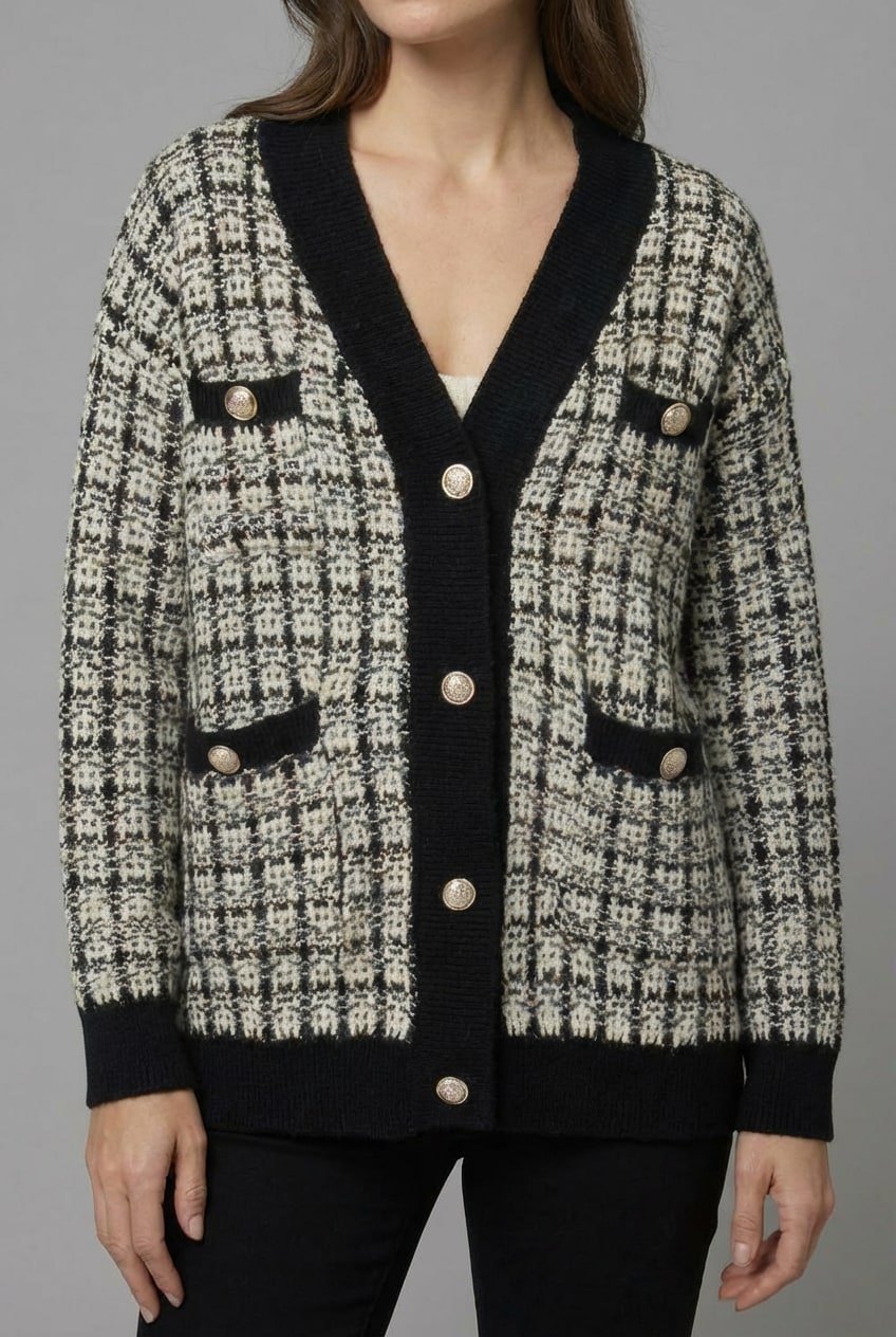Cristal Tweed-Style V-Neck Cardigan - Black
