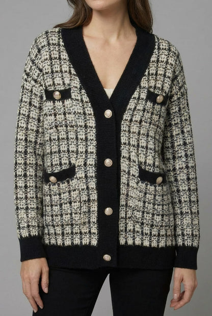 Cristal Tweed-Style V-Neck Cardigan - Black