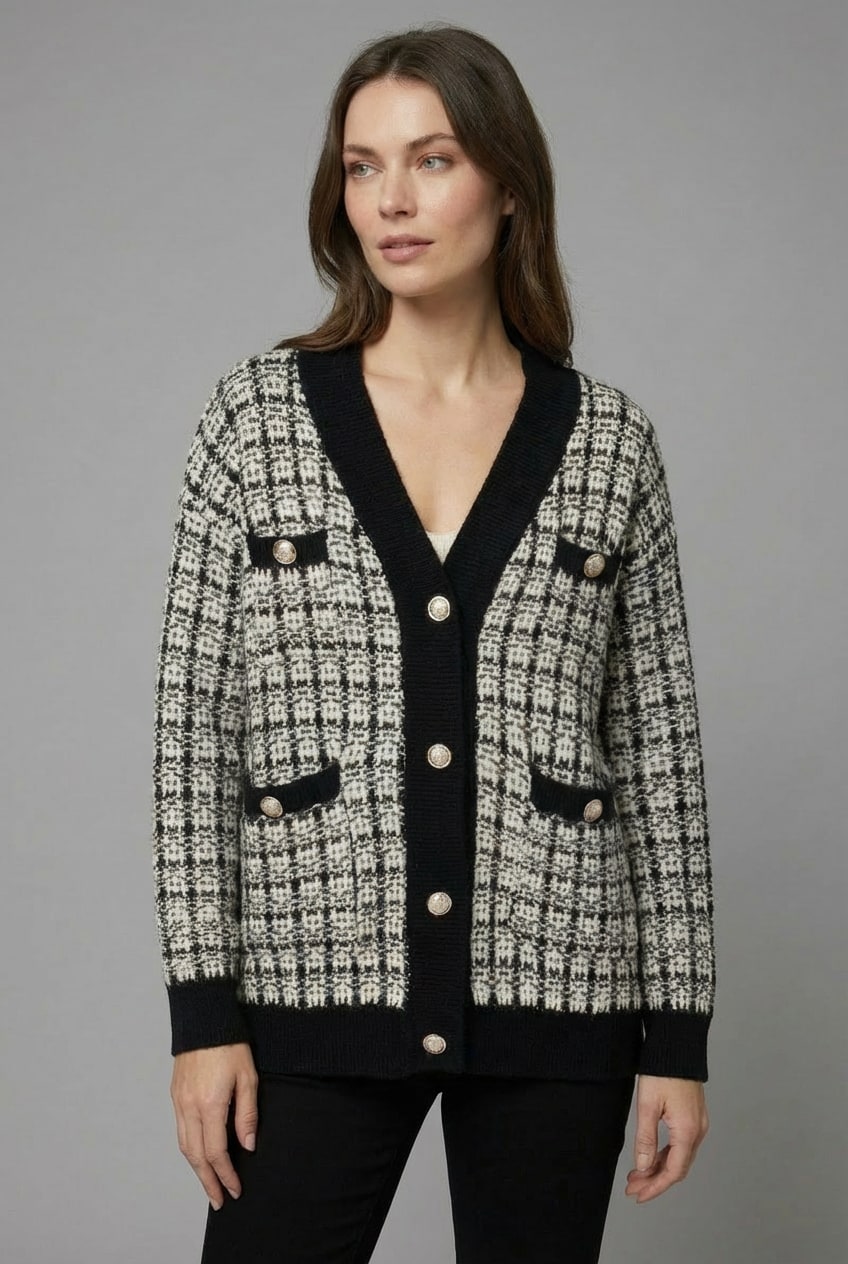 Cristal Tweed-Style V-Neck Cardigan - Black