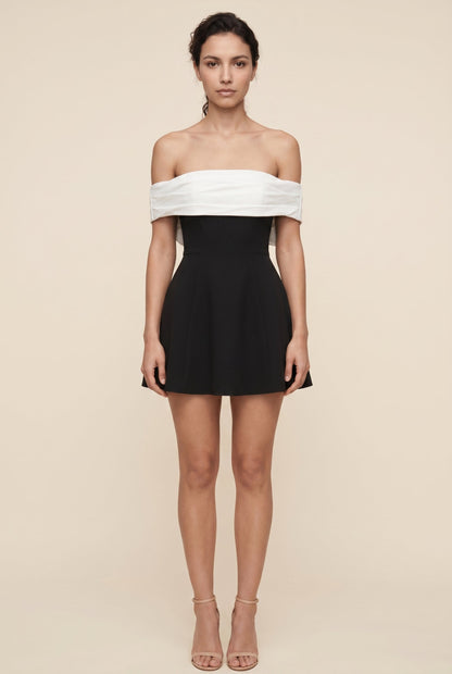 Daelyn Off-Shoulder Bow Mini Dress - Black and White